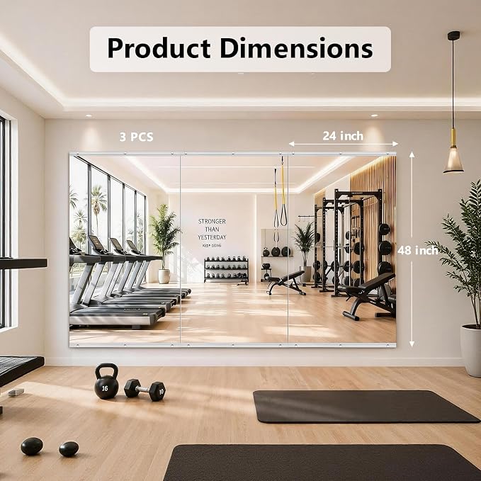 Home Gym Mirror,3Pack Large 47.2x23.6 Inch Frameless Tempered Glass Wall Mirror, Full Body Workout and Decorative Mirrors for Home Gym, Yoga, Dance Studio, Garage, Exercise Room