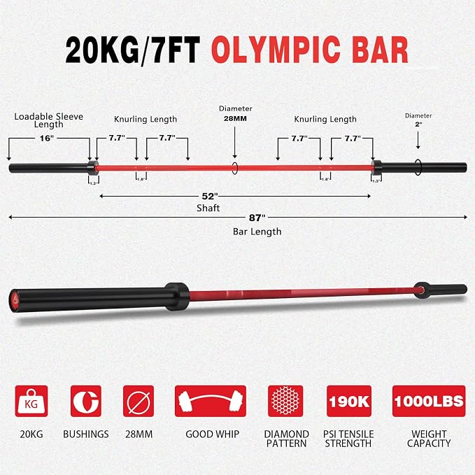 7ft Olympic Barbell for Strength Training, Olympic Weightlifting | 500 700 1000LBS Capacity, 2 Inch 45lb Weight Bar for Squat, Home Gym Fitness Equipment, Bench Press, Deadlift, Powerlifting