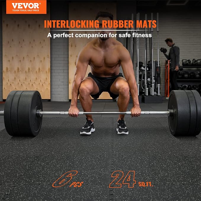 VEVOR 0.56Inch 24sq.ft 6 Tiles Gym Flooring for Home Gym, Rubber Top with High Density EVA Foam, 25 x 25In Gym Floor Exercise Equipment Mats, Interlocking Gym Mats, Puzzle Workout Mats, Black & Gray | Rubber Top with High Density EVA Foam, 25 x 25 in F...
