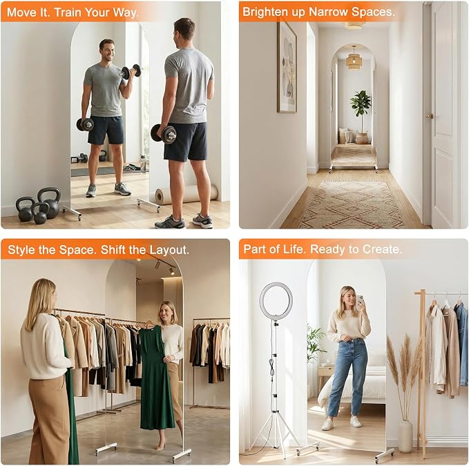 80” x 40” Arched Full Length Floor Mirror, Lockable Wheels for Easy Moving & No Wobble, Shatter‑Resistant Glass for Worry‑Free Practice, Ideal for Home Dance, Yoga & Gym, White Metal Frame