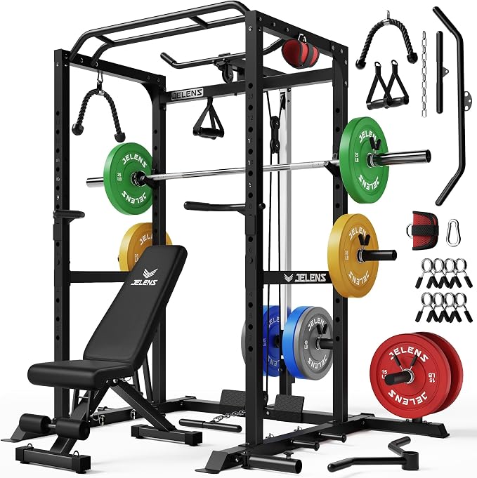 JELENS S21 Power Cage, Multi-Function Power Rack with Adjustable Cable Crossover System, 2000LBS Squat Rack for Home Gym with More Training Attachments