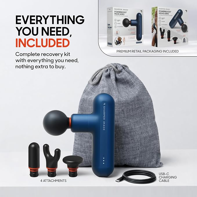 Sharper Image Powerboost Move Aero [New 2026 Version] Mini Deep Tissue Percussion Massage Gun| Muscle Recovery & Pain Relief Massage Tool| Full Body Back & Shoulder Massager| Travel Gift for Men Women