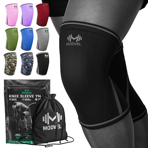 Modvel 7mm Neoprene Knee Sleeves for Men & Women Weightlifting & Powerlifting – Compression Knee Sleeve Support for Squats, Gym, Training – USPA, IPL Approved – X-Large Black (Pair)