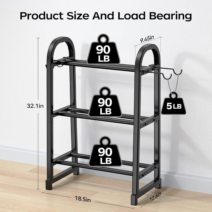 3 Tier Dumbbell Rack - Weight Rack for Home Gym: 360LB, Stand Only | Heavy Duty Adjustable Storage Rack with Hooks, Dumbbell Stand & Weight Holder, Organizer Shelf for Home Gym