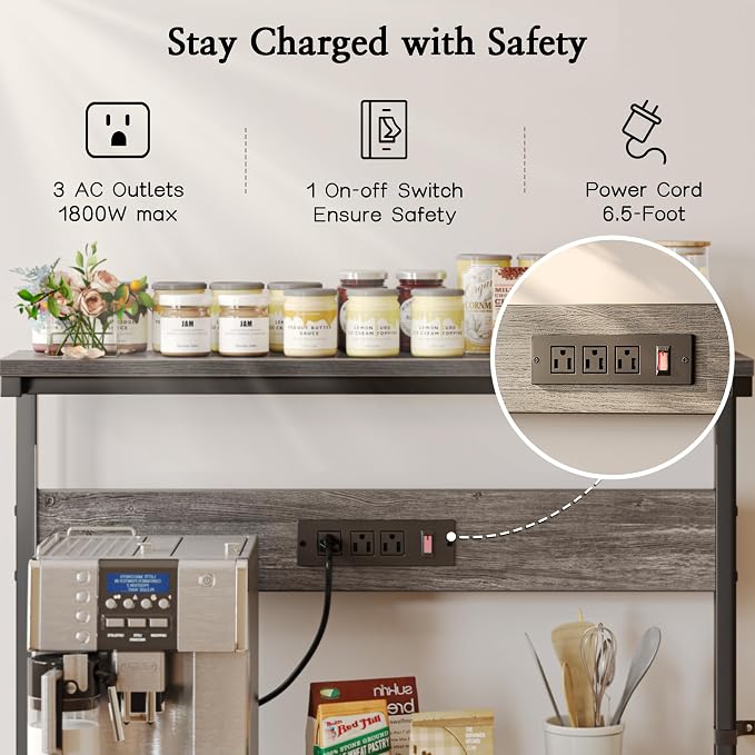 SUPERJARE Bakers Rack with Power Outlets, Microwave Stand, 39.4 X 14.3 Inch Larger Desktop, Kitchen Storage Rack with Adjustable Middle Shelf, 6 S-Shaped Hooks, Coffee Bar Stand, Grey