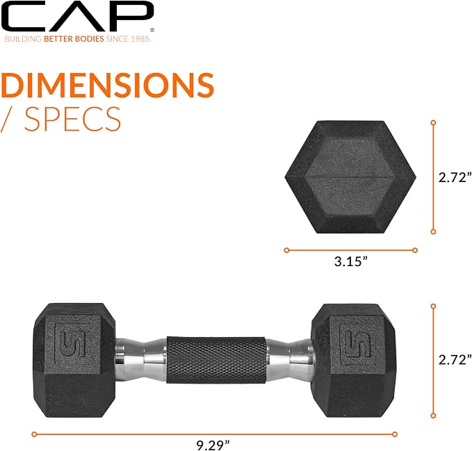 CAP Rubber Coated Dumbbell Weights, Free Weights for Home Gym Strength Training, Anti-Roll Hex Dumbbells with Black, Chrome & Comfort Grip Handles, Pairs & Sets