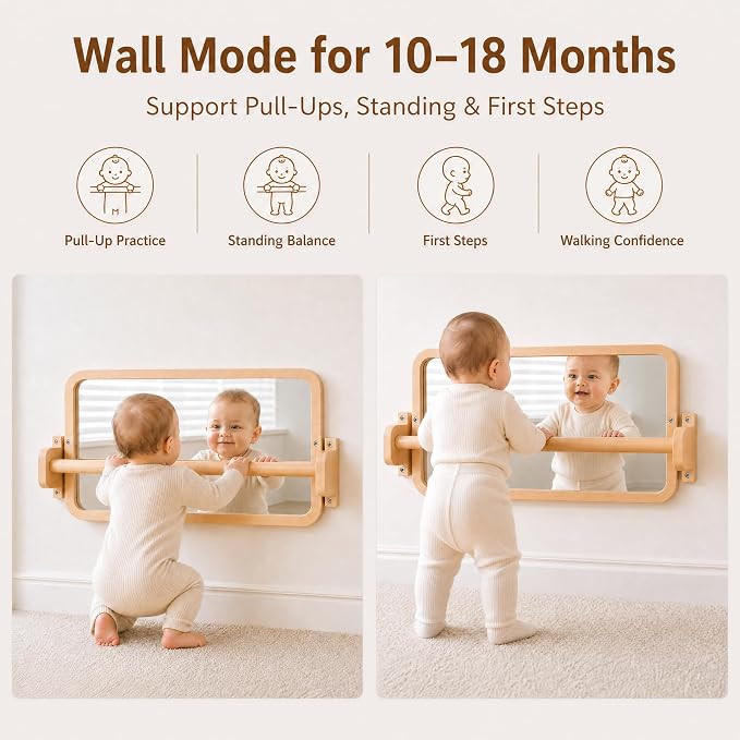 Woodtoe Montessori Mirror with Bar, Tummy Time Floor Mirror Toys for Baby | Baby Pull to Stand Toys, Natural Unpainted Solid Wood Frame, Baby Pull Up Bar, Developmental Toys for Nursery (Small Size)