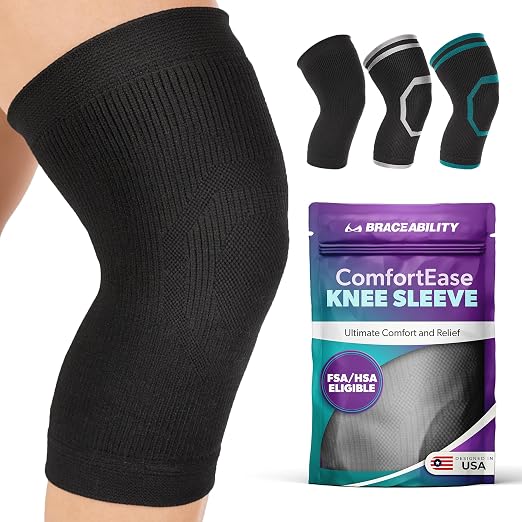 BraceAbility Knee Compression Sleeve for Women and Men - ComfortEase Knee Pain Brace Support for Arthritis, Swelling, Joint Stiffness, Recovery, All-Day Comfort and Relief (S - Black)