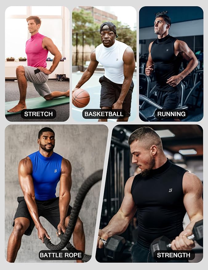 Roadbox Men's Compression Tank Top, Mock Turtleneck Sleeveless Shirt, Fitted Athletic Base Layer for Gym Workout