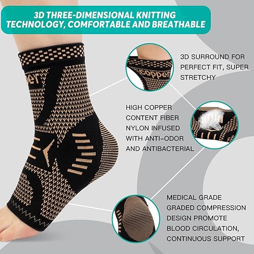 INDEEMAX Ankle Brace for Sprained Ankle Compression Sleeve, 2 Pack Copper Infused Ankle Support Brace for Women & Men, Plantar Fasciitis Relief Achilles Tendonitis, Sports Running, Copper Black, XL