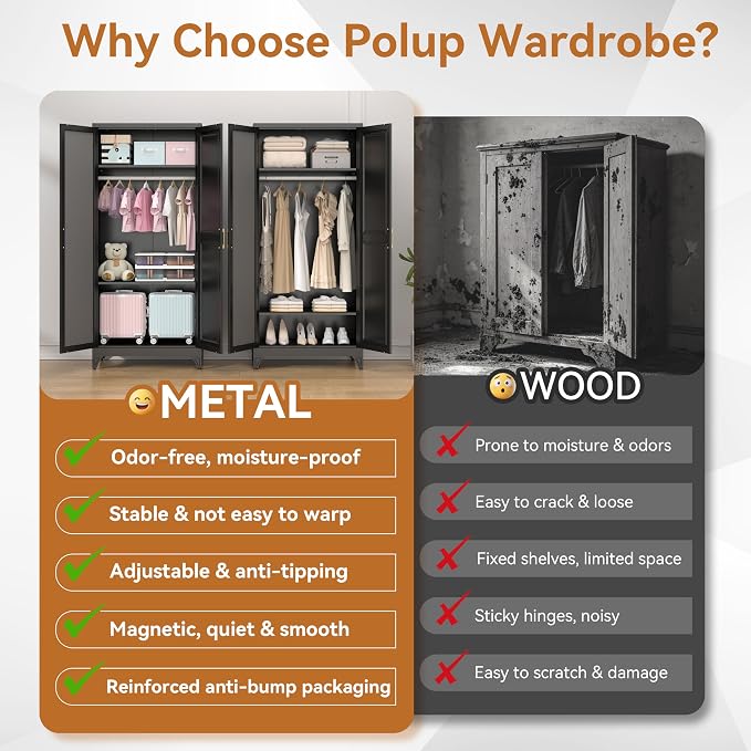 Polup Metal Armoire Wardrobe Closet with Mirror, 71" Tall Black Cabinet | Heavy Duty Steel Clothing Storage Cabinet with Hanging Rod & Adjustable Shelves for Bedroom, Office, Clothes Organizer