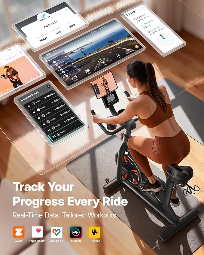 MERACH S36 Exercise Bike, Magnetic Resistance, 330lbs Capacity | Stationary Bike for Home, Quiet Drive, Fitness App with Courses, Adjustable Seat, Indoor Cycling Bike