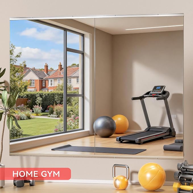 Home Gym Mirror, 2 Pack 48"x32" Each Tempered Glass Explosion-Proof Workout Mirrors, Frameless Square Full Length Wall Mirror Silver for Yoga Garage Exercise Bedroom Dance Studio
