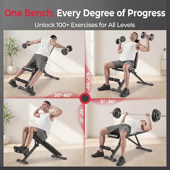 OPPSDECOR Adjustable Weight Bench, 900LBS Foldable Workout Bench | 8+4+2 Positions, 18.5in Seat Height, 20in Rear Base, Folds to 33x8x12in, Flat Incline Decline Bench Press, Under 1-Min Setup