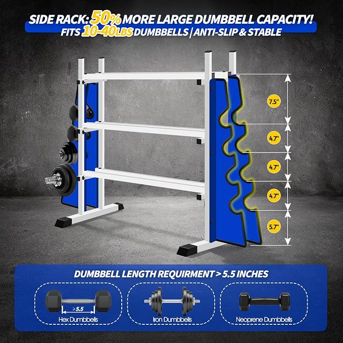 Heavy Duty Dumbbell Rack, 2-Side Extension Holder for Home Gym Storage Rack | Adjustable Width, Large Weight Capacity, Sturdy Steel Stand Only, for Dumbbells & Kettlebells Home Gym Storage Rack