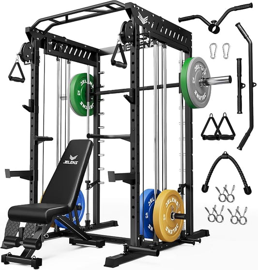 JELENS M21 Smith Machine, Multi-Function Power Cage with Dual Pulley Cable Crossover System, 2000LBS All-in-One Squat Rack with Smith Bar and Attachments for Home Gym