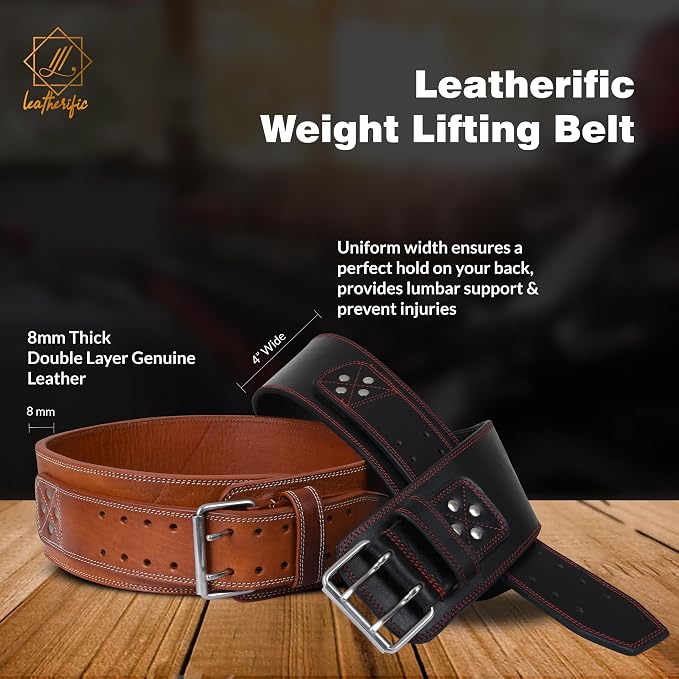 Premium Leather Weight Lifting Belt for Men & Women - 8MM Thick, 4" Wide, Heavy Duty Gym Belt with Steel Buckle for Weightlifting, Powerlifting, Strength Training, Squat or Deadlift Workout, Lower Back Support