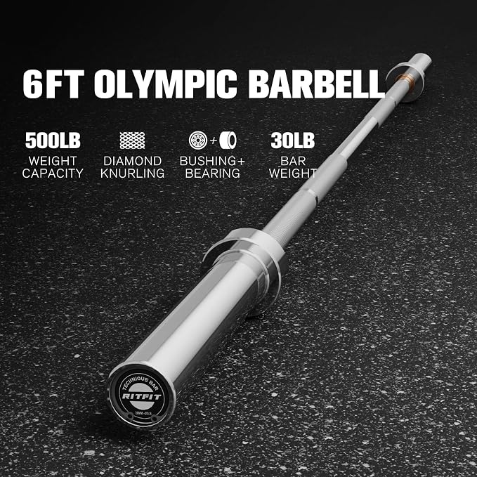 RITFIT Olympic Barbell 4ft/6ft - 2 Inch Weight Bar for Strength Training, Weightlifting, Squat, Deadlift, Bench Press, Curl, Overhead Press - 350lbs/500lbs Capacity