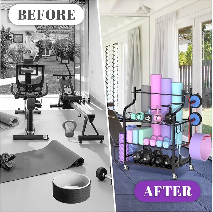 Mythinglogic Yoga Mat Storage Racks,Home Gym Storage Rack for Dumbbells Kettlebells Foam Roller, Yoga Strap and Resistance Bands, Workout Equipment Storage Organizer With Hooks and Wheels