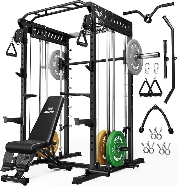JELENS M21 Smith Machine, Multi-Function Power Cage with Dual Pulley Cable Crossover System, 2000LBS All-in-One Squat Rack with Smith Bar and Attachments for Home Gym