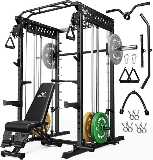 JELENS M21 Smith Machine, Multi-Function Power Cage with Dual Pulley Cable Crossover System, 2000LBS All-in-One Squat Rack with Smith Bar and Attachments for Home Gym