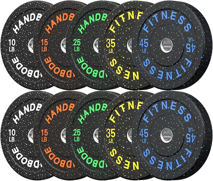 HANDBODE 2-Inch High-Bounce Bumper Plates, Olympic Weight Set, 10-650 lb | Barbell Weight Plates Set for Home Gym, Colored Weights Rubber Strength Training Plate for Weight Lifting
