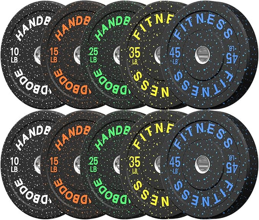 HANDBODE 2-Inch High-Bounce Bumper Plates, Olympic Weight Set, 10-650 lb | Barbell Weight Plates Set for Home Gym, Colored Weights Rubber Strength Training Plate for Weight Lifting