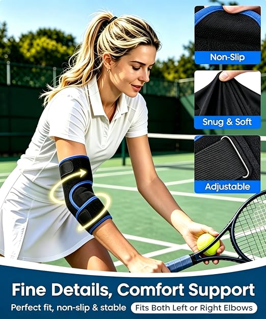 Adjustable Elbow Brace with Support for Tennis, Tendonitis & Golfer's Elbow | Compression Sleeve for Pain Relief, Breathable Soft Ergonomic Design Suitable for Sports Work Daily Life, Fits Most Men Women