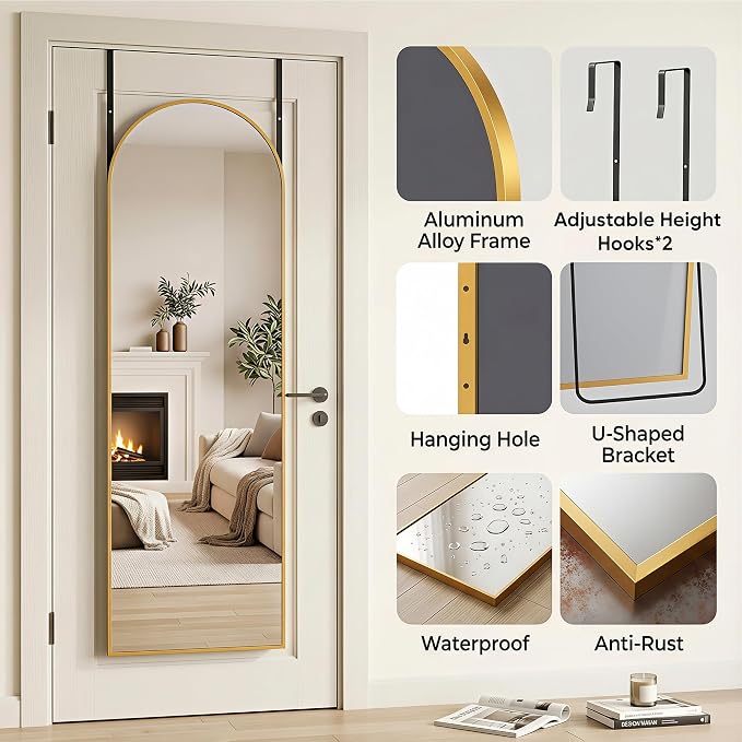 58"x20" Over The Door Mirror, Arched Full Length Mirror with Aluminum Frame, Adjustable Hooks, Wall Mounted or Standing for Bedroom Living Room, Gold
