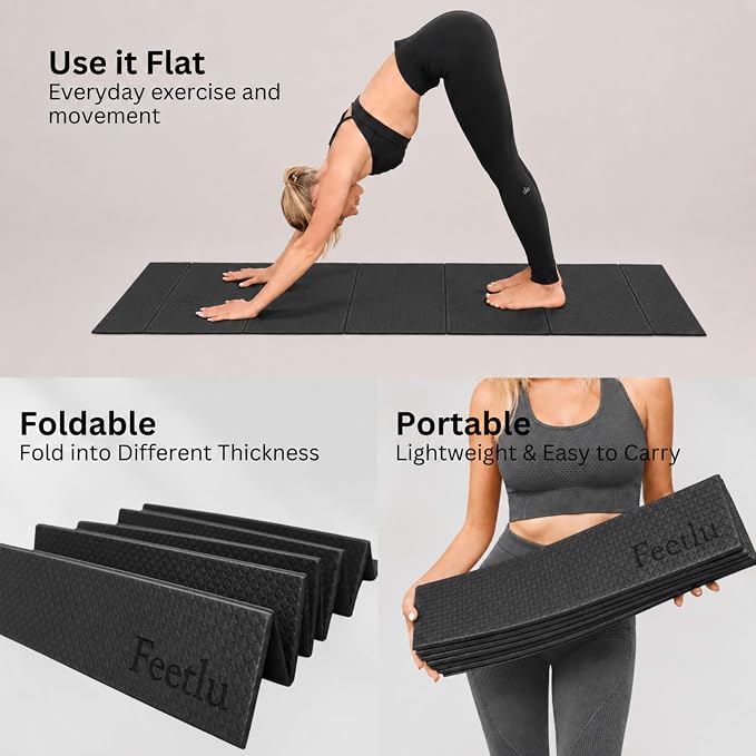 Foldable Yoga Exercise Mat, 6mm/8mm/10mm/12mm Thickness, 72 x 24 Inch - Lightweight, Anti-Slip, and Easy to Store for Yoga, Pilates, Home Workouts, and Floor Exercises