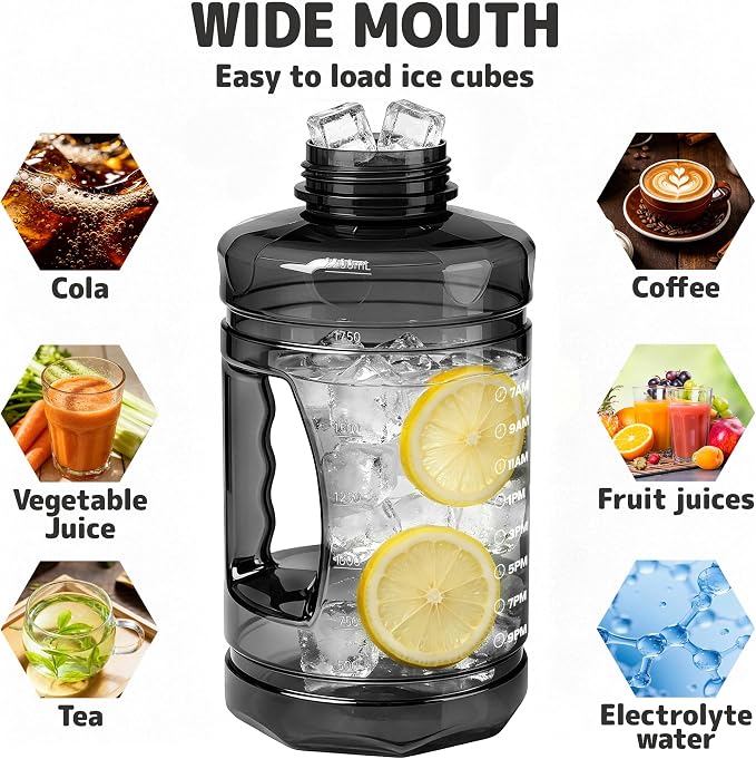 Large Water Bottle with Motivational Time Marker & Straw & Handle,2 Lids | BPA Free,Gallon Water Jug, Half Gallon water Bottle for Sport Gym Camping Workout Outdoors Yoga (Clear Black)