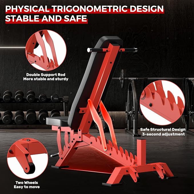Weight Bench, Adjustable Workout Bench for Home Gym Full Body Workout, 1300LBS Weight Capacity Bench Press, Flat/Incline Bench with 33" Extra-Long Backrest & Wheels