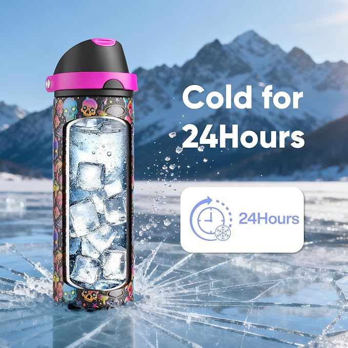 Insulated Water Bottle with Straw - Encool Stainless Steel Water Bottle with Push Button Lid, Leak-Proof & BPA-Free, Keeps Cold for 24 Hours for Sports, Travel, Gym (24 oz, Trippy Skulls)