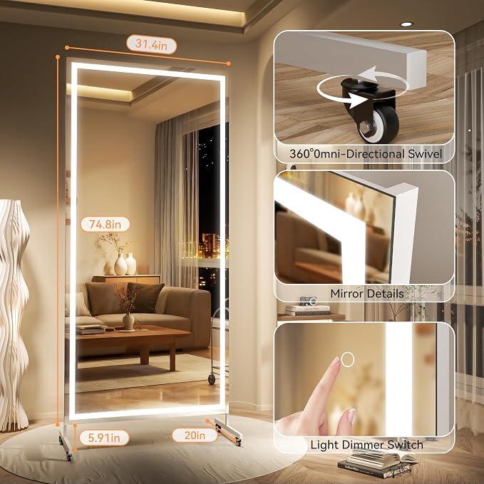 Hasipu 75" x 32" LED Full Length Mirror on Wheels, 360° Swivel, White | 3-color dimmable brightness, tempered glass & metal frame, lockable wheels, sturdy stand, for gym, yoga, studio & bedroom.