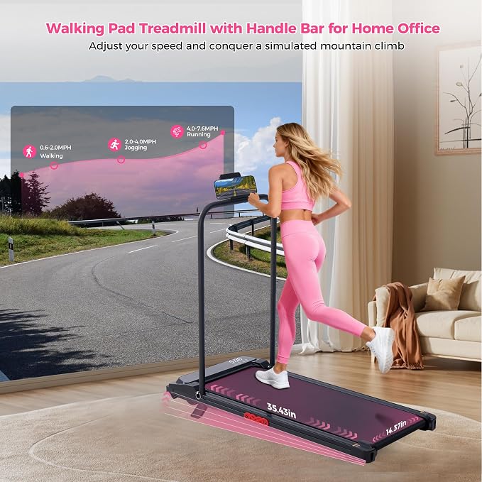 Portable Walking Pad Treadmill with Handle Bar and Incline for Home 0.6-7.6MPH Under Desk Treadmill for Home Small, 350LBS Small Treadmills with Handles, 3.0HP Treadmills for Exercising