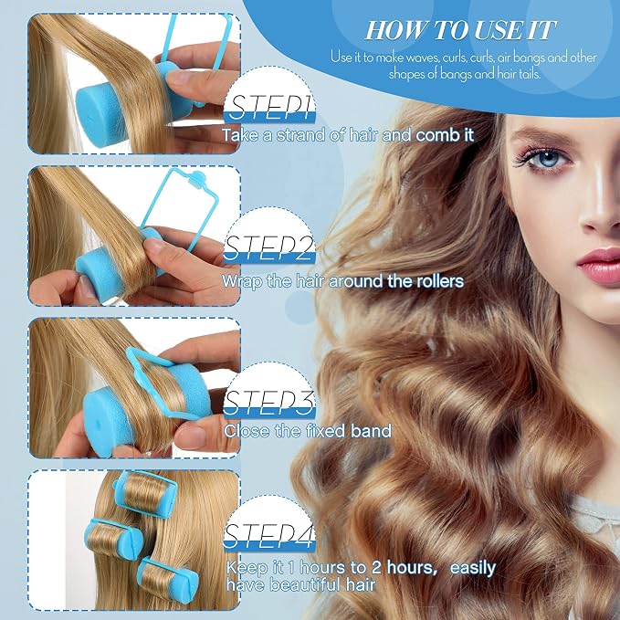 Geyoga 18 Pieces Blue Foam Hair Rollers Large Hair Curlers Sponge Rollers for Heatles to Sleep in a Curl for Women's Short and Long Hairs Styling (1.4 x 2.6 Inches)