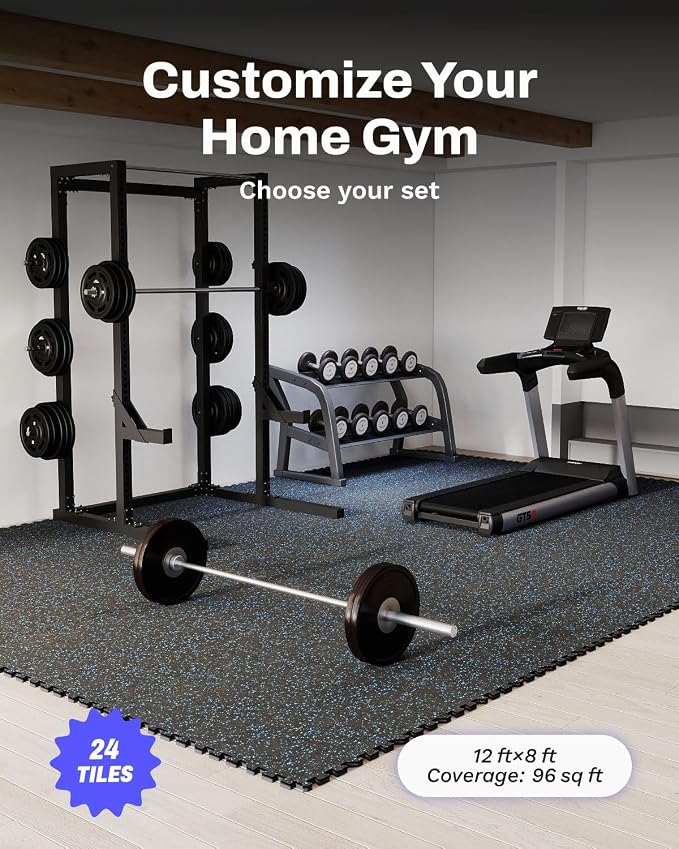 AIRHOP 0.79'' Extra-Thick 96 Sq Ft Rubber Top Gym Flooring for Home Gym | 24 Tiles, High Density EVA Foam, Waterproof & Non-Slip Rubber, Interlocking Puzzle Mats, Heavy Duty Floor Protection, 24"x24"