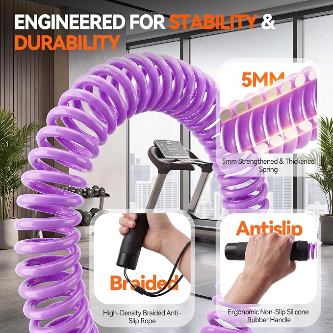 Cordless Ropeless Battle Ropes for Home Gym, 3 Adjustable Resistance, Heavy Duty Strength Training Equipment for HIIT, Full Body Workout, Men & Women, Purple