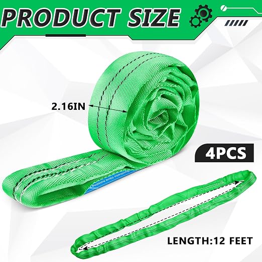 Fabbay 4 Pcs 12.1 Feet Heavy Duty Polyester Endless Loop Round Lift Slings Lifting Straps for Hoist Towing Moving Furniture Rigging Equipment, 5300 LB Vertical 4200 LB Choker 10600 LBs Basket(Green)