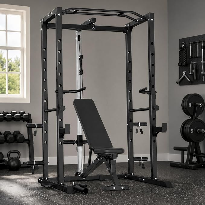 5-in-1 Power Rack Heavy Duty Home Gym | 5 Configs: Only, +Pulley, +Bench, +150LB, +240LB. 1200LB, 50x50mm, 83"H. J-Hooks, Safety Bars, Landmine. Olympic 2" Plates.