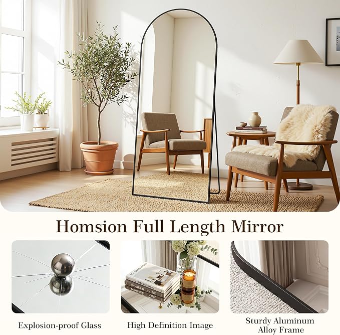 58"x18" Arched Full Length Mirror with Stand, Free Standing Leaning Wall Mounted Aluminum Alloy Frame Mirror for Bedroom Living Room Cloakroom, Black