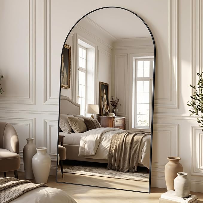Suidia 76"x44" Arched Full Length Mirror with Stand, Full Body Mirror with Aluminum Frame, Freestanding/Leaning/Wall-Mounted, Floor Mirrors for Bedroom, Living Room, Entryway, Dressing Room, Black