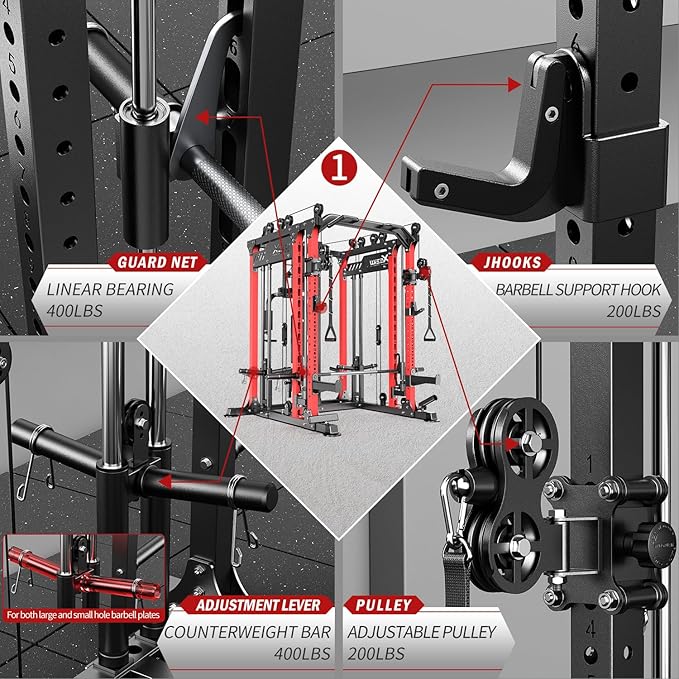 Smith Machine with Cable Crossover System, Multi-Function Power Cage Squat Rack for Home Gym, Power Rack and Packages Weight Sets.