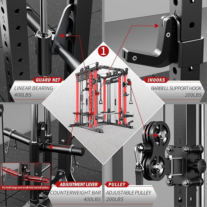 Smith Machine with Cable Crossover System, Multi-Function Power Cage Squat Rack for Home Gym, Power Rack and Packages Weight Sets.