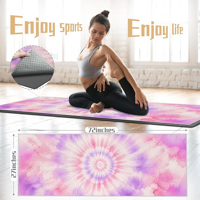 Yoga Mat Towel Non Slip Ultra-Absorbent Hot Yoga Towel, Super Stylish Printed Sweat Hot Yoga Towel, Ideal for Home, Workouts, Pilates, Yoga, 72 x 27in, Purple & Pink Tie Dye
