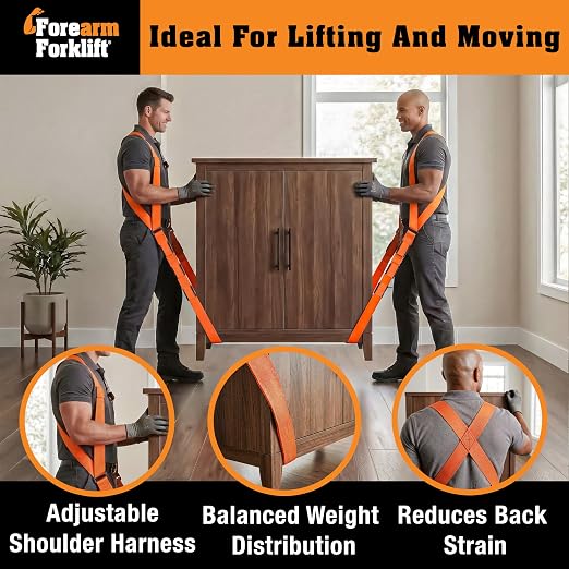 Forearm Forklift Shoulder Harness – Standard - Lift and Move Furniture, appliances, Supports up to 800 lb. Moving Harness Set, 2 Harnesses and 2 Center Straps that are ea 9’4” Long, 1 Pack, Orange