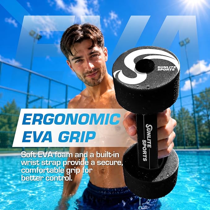 Sunlite Sports Water Weights Pool Exercise Dumbbells, Water Aerobic Equipment, High-Density EVA-Foam Dumbbell with Handle Strip, Aqua Therapy, Pool Fitness, Water Exercise, Set of 2