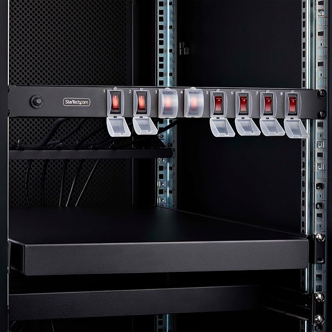 StarTech 8-Outlet 1U Switched PDU, 15A, TAA, 125V (8NS8-RACK-MOUNT-PDU) | Horizontal rack mount power strip, Outlet on/off switches, 15A breaker, 8ft/2.4m cord, NEMA 5-15, Illuminated rockers