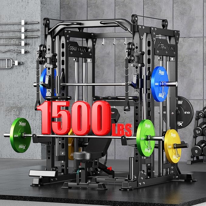 Smith Machine with Cable Crossover System, Multi-Function Power Cage Squat Rack for Home Gym, Power Rack and Packages Weight Sets.