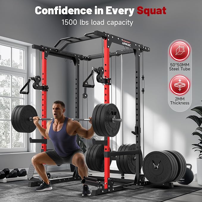 SPORTSROYALS Power Rack, Multi-Functional Power Cage, Squat Rack with Pulley System & LAT Pull Down, Workout Cage with J Hooks for Home Gym